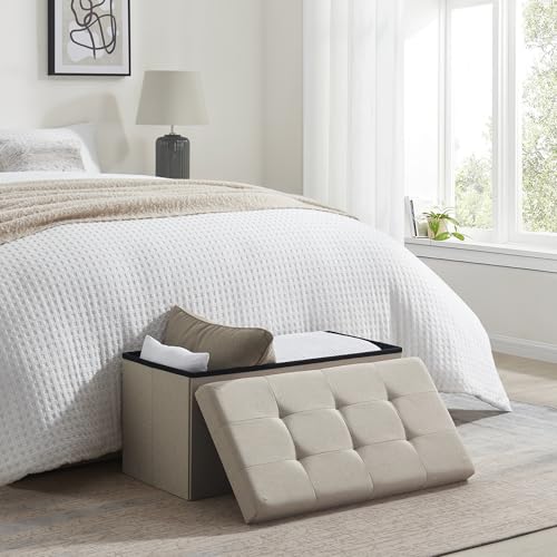 Ornavo Home 30 Inch Folding Storage Ottoman Bench, Tufted Linen, Beige | Upholstered Large Ottoman with Lid; Foot Rest Stool; Ideal for Bedroom, Living Room or Entryway - color: Beige, size: 15"d X 30"w X 15"h