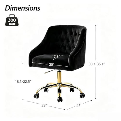 MOJAY Velvet Office Swivel Chair, Vanity Fabric Desk Pretty Fancy Gold Office Chairs for Girls, 360°Swivel Height Adjustable Reception Chair (Black) - color: Black