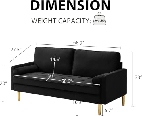 67" Mid Century Modern Loveseat Sofa, Tufted Love Seat Couch (Black) - color: Black