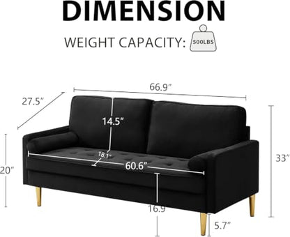 67" Mid Century Modern Loveseat Sofa, Tufted Love Seat Couch (Black) - color: Black