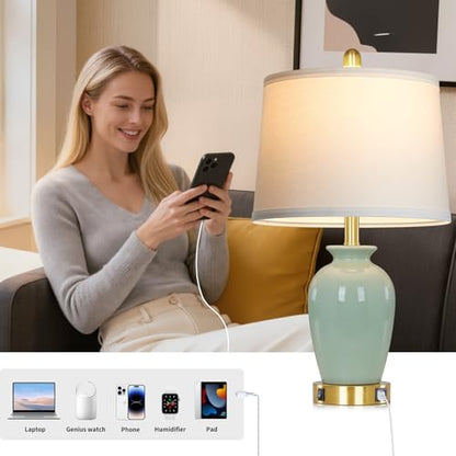 23" Set of 2 Olive Green Ceramic Table Lamp with Pot Design, Bedside USB Lamps for Living Room,Dining Room,Bedroom,Office,Nightstand,End Table - color: Green