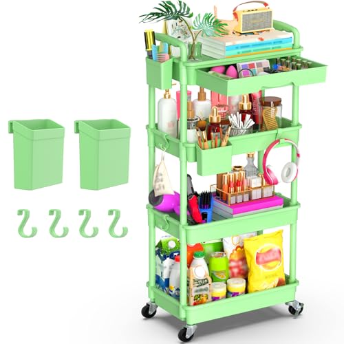 Goovilla 4 Tier Rolling Utility Cart Organizer with Removable Drawer, Green | Stable and Sturdy Rolling Storage Carts with 2 Lockable Wheels for Bathroom, Kitchen, Snack, Craft, Makeup, Baby Essentials - size: 4 Tier, style: Green