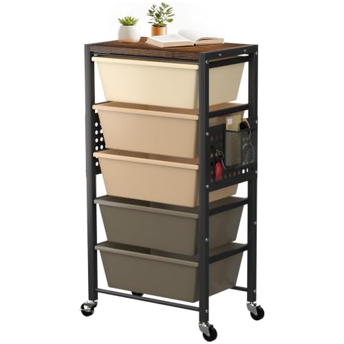 Rolling Cart with 5 Drawers, Plastic Drawer Storage Carts with Wheels & Wooden Tabletop, Metal Utility Cart with Pegboards, Office Living Room Classroom Craft Organization and Storage, Dark Brown - color: Dark Brown, size: 5-drawer
