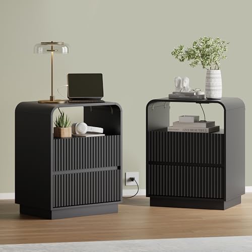 Black Nightstands Set of 2 with Charging Station, Mid Century Modern End Tables & Bedside Tables, Fluted Wood Small Night Stands with 2 Hidden Drawers and Storage Shelf for Bedroom - color: Black, style: 2 Drawers-2 PCS