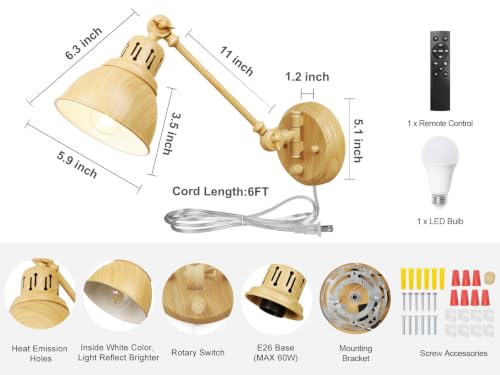 GOODATE 1 Pack Plug in Wall Sconce with Remote Control, Dimming, Adjustable Colors 2700K-6500K, Plug in Wall Light, Swing Arm Wall Lamp with Night Light & Timer, LED Bulb Included, Oak Finish - size: Oak-1 PACK(Bulb+Remote)