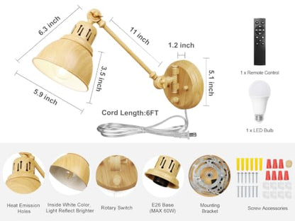 GOODATE 1 Pack Plug in Wall Sconce with Remote Control, Dimming, Adjustable Colors 2700K-6500K, Plug in Wall Light, Swing Arm Wall Lamp with Night Light & Timer, LED Bulb Included, Oak Finish - size: Oak-1 PACK(Bulb+Remote)
