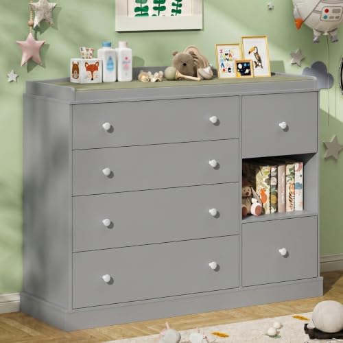 Kids Dresser Cabinet with 6 Drawers, Changing Table for Nursery with Shelf, Multi-Functional Chest of Drawers, Kids Bedroom Furniture, Nightstand for Children's Room, Grey - color: Grey