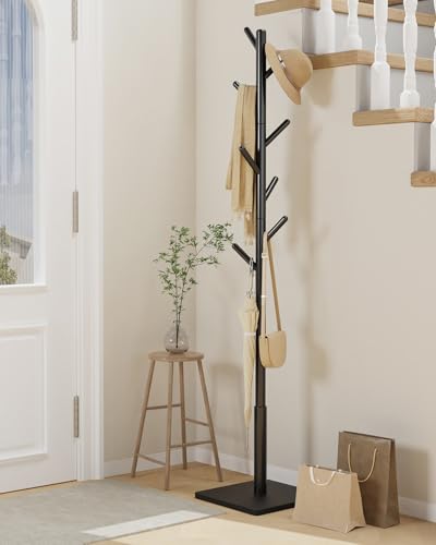 Yawinhe Wooden Coat Rack Freestanding,Hall Tree with 8 Hooks,Black | 3 Adjustable Heights Coat Standing Tree; Sturdy Clothes Stand with Square Base; Coat Tree for Entryway, Hallway - color: Black