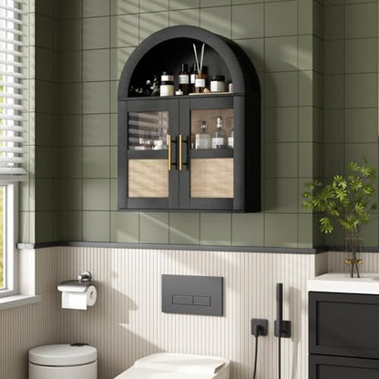 RUSTOWN Arched Bathroom Wall Cabinet with 2 Glass & Rattan Doors | Rattan Medicine Cabinet, Farmhouse Over the Toilet Storage Cabinet, Adjustable Shelves, 3-Tier Wall Mounted Cabinets - color: Rustic Black