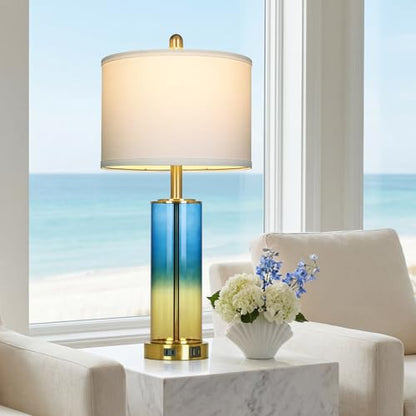 Ruzectt 26" Blue and Gold Glass Lamps Set of 2, 3-Way Dimmable Touch Coastal Bedroom Table Lamp with USB C+A Ports & AC Outlet, Elegant Brass Living Room Lamp, Nautical Bedside Lamps for Night Stands - color: Blue and Gold