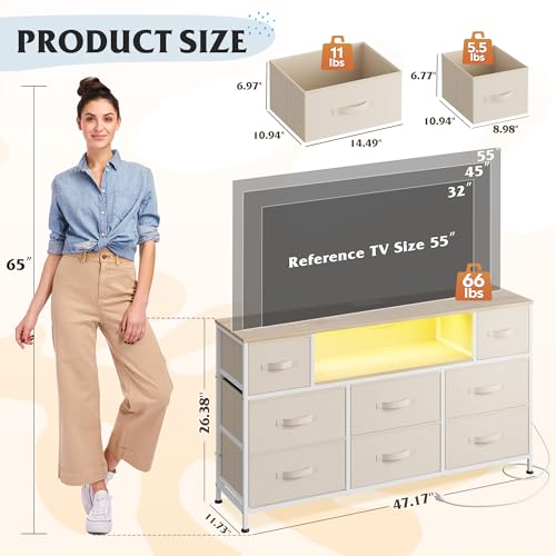 WLIVE LED Dresser TV Stand for 55 Inch TV, 8 Drawers, Cream White | Fits TVs up to 55 inch, 8 fabric drawers, LED chest of drawers, Built-in power outlet, Living room or bedroom - color: Cream White