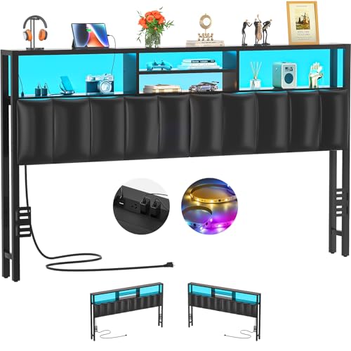 Aheaplus Headboard for King Size Bed with Storage, Upholstered Headboards with Outlets, USB Ports and LED Light, Reversible King Size Head Board, Height Adjustable, Comfortable Headboard, Black - color: Black, size: King, style: Upholstered