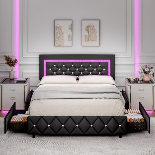 BarnFurin Queen Bed Frame with LED Headboard and Storage Drawers,Black | Modern Platform Bed with Diamond Headboard and Footboard, No Box Spring Needed - color: Black, size: Queen