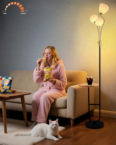 Lightdot 65IN Floor Lamp with Tray Dimmable LED Floor Lamps with 3000K Bulbs Included, Unique Metal Pole Mid Century Modern Tall Standing Lamp for Living Room/Bedroom/Sofa Beside/Corner Decor - color: 1 Flower and 2 Globe-Gold-Black