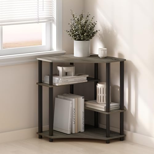 Furinno Turn-N-Tube Storage Shelves, 4-Tier Corner Shelf, Toolless Assembly Display Rack, Corner Bookshelf for Small Space, for Organization and Storage, Living Room, Home Office, French Oak - color: French Oak/Black, size: 4-Tier Corner Shelf