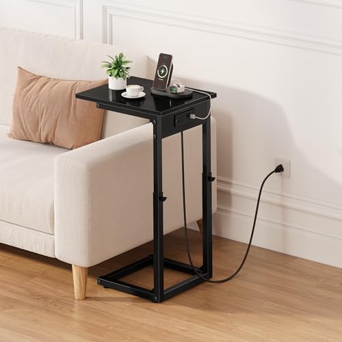 C Shaped End Table with Charging Station, 33"Tall C-Table End Table Adjustable Height Side Table for Couch, Couch Table That Slide Under Sofa Table TV Tray Table for Living Room,Bedroom,Black - color: Black, style: Charging Station