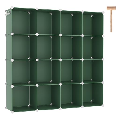 C&AHOME 16 Cube Storage Organizer Cube Shelf Units Storage Cubes, Green | Plastic DIY Closet Organizer, Stackble Modular Closet Storage Shelves Ideal for Home, Bedroom, 48.4" L × 12.4" W × 48.4" H - color: Green
