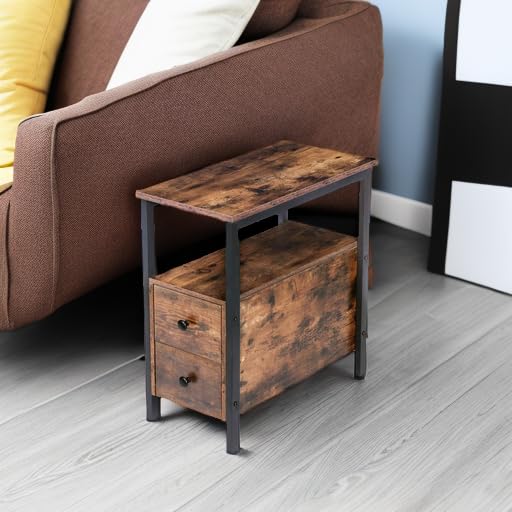 HOOBRO End Table, Narrow Chairside Table with Drawer and Open Storage Shelf, Nightstand for Small Spaces, Stable and Sturdy Construction, Wood Look Accent Furniture, Rustic Brown and Black BF548BZ01G3 - color: Rustic Brown + Black