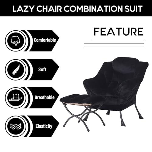 Lazy Chair with Ottoman, Comfy Accent Reading Chair, Plush Black | Foldable Footrest,Removable Cover,with Armrests and Side Pockets,Upholstered Lounge Chair for Bedroom,Dorm,Office,Small Space - color: Plush Black