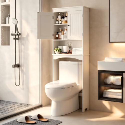 Bealife Over The Toilet Storage Cabinet with Open Shelf - White | Over Toilet Bathroom Organizer with Adjustable Shelf and Double Doors, Space Saver Free Standing Storage Shelf for Bathroom - color: White