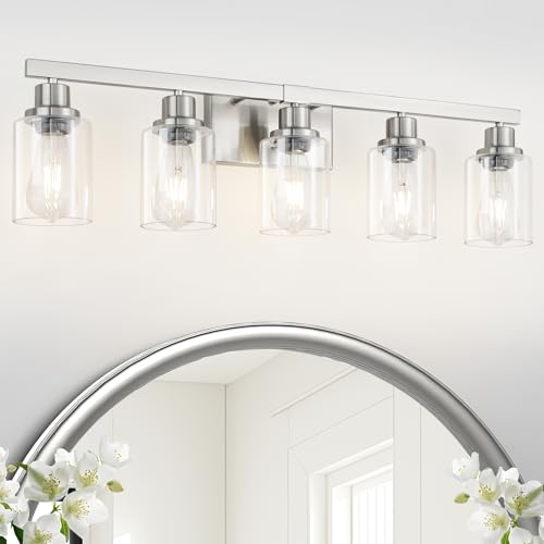 Bathroom Vanity Light, 5-Light Nickel Modern Matte Wall Sconce Lighting with Clear Glass Shade, Wall Lights,Bath Vintage Wall Mounted Lamps for Mirror Bedroom Living Room - color: Nickel, size: 5-light