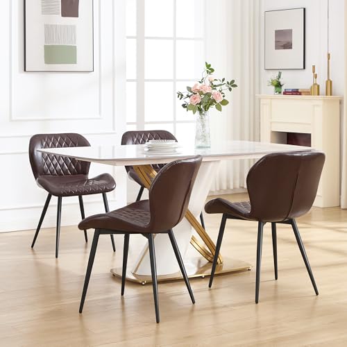 Dining Chairs Set of 4, Comfy Modern Dining Chairs with Thick Cushions, Upholstered Faux Leather Kitchen Side Chairs with Adjustable Metal Legs for Dining Room (Coffee) - color: Coffee, size: Set of 4