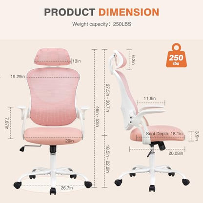 Sweetcrispy Computer Desk Chair, Mesh Office Chair with Lumbar Support | Ergonomic High-Back, Rolling Work, Adjustable Headrests, Flip-up Arms, Home Bedroom Study, Pink - color: Pink, style: Flip-up Armrest