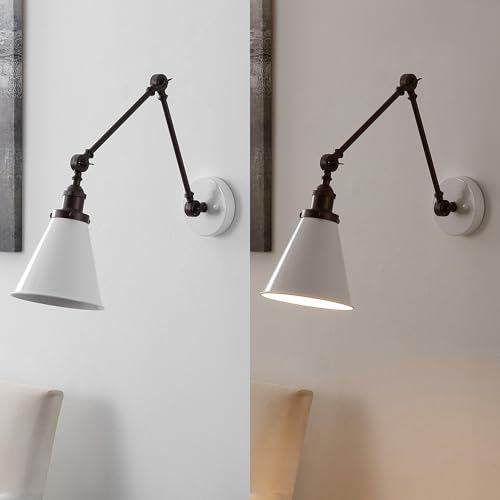 JONATHAN Y Rover 1-Light Wall Sconce 7", White/Oil Rubbed Bronze, Set of 2 | Adjustable Arm, Hardwired Bedside Reading Swing Arm, Farmhouse Cone Shade, Metal Hardwired Indoor Fixture, LED Bulbs Included - color: White/Oil Rubbed Bronze, size: Set of 2