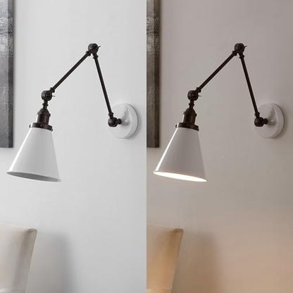 JONATHAN Y Rover 1-Light Wall Sconce 7", White/Oil Rubbed Bronze, Set of 2 | Adjustable Arm, Hardwired Bedside Reading Swing Arm, Farmhouse Cone Shade, Metal Hardwired Indoor Fixture, LED Bulbs Included - color: White/Oil Rubbed Bronze, size: Set of 2