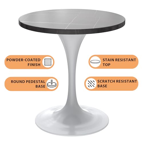 LeisureMod Verve Modern Dining Table 27" Round Sintered Stone Tabletop and White Stainless Steel Pedestal Base for Kitchen and Dining Room, Black - color: Black Stone, size: 27 inch Wide