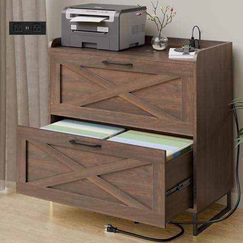 Vabches 2 Drawer Lateral File Cabinet with Charging Station, Dark Walnut | Modern Farmhouse Large Wood File Storage Cabinet for Legal/Letter/A4 Size Hanging Files,Printer Stand for Home Office - color: Dark Walnut
