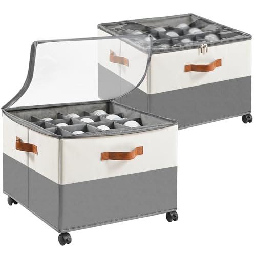 INSTY 2 Pack Shoe Organizer for Closet,Shoe Storage Organizer with Wheels, Fits up to 32 Pairs,Adjustable Dividers,Fabric Shoe Storage Bins with Clear Cover,Beige and Grey - color: 2 Pack Beige and Grey with Wheels