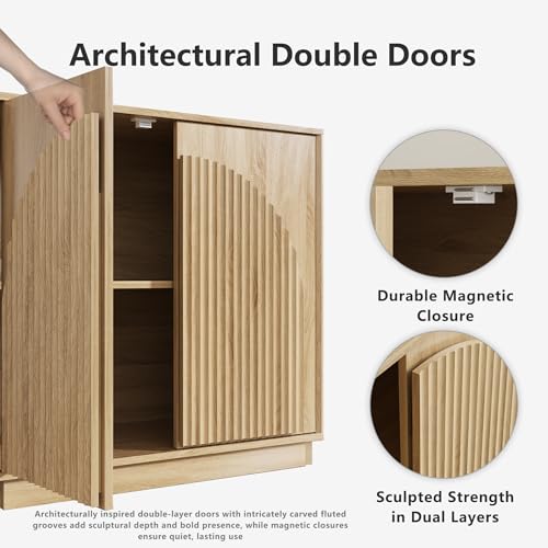 win2win 31.5" Small Buffet Cabinet with Storage, Arched Doors, Oak, 1PCS | Modern Console Cabinet for Dining Living Room Kitchen Entryway, Modular Accent Cabinet, Credenza with Wood Grain, Fluted - color: Oak