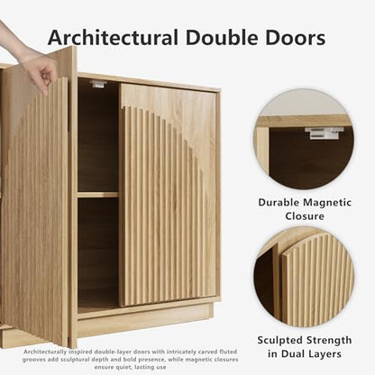 win2win 31.5" Small Buffet Cabinet with Storage, Arched Doors, Oak, 1PCS | Modern Console Cabinet for Dining Living Room Kitchen Entryway, Modular Accent Cabinet, Credenza with Wood Grain, Fluted - color: Oak