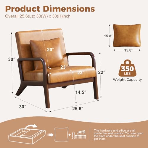 Mid-Century Modern Chair,Upholstered Accent Chair Reading Arm Chair with Cushion & Lumbar Pillow & Solid Wood Frame for Lounge, Living Room, Bedroom, Office, Brown-PU Leather, 2PCS - color: New Arrival - Brown, Pu Leather, size: Set of 2