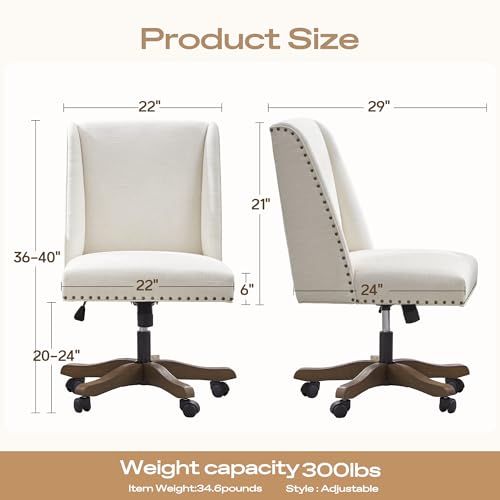 Upholstered Armless Office Chair Fabric Swivel Home Desk Chair with Wheels | Modern Comfy Boho Office Chair with Wooden Legs Adjustable Desk Chair no Arms for Sewing Women Farmhouse Study Studio Beige - color: Beige