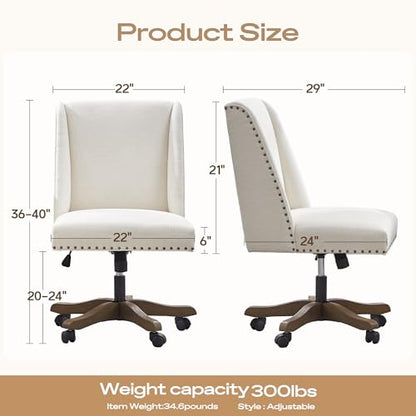 Upholstered Armless Office Chair Fabric Swivel Home Desk Chair with Wheels | Modern Comfy Boho Office Chair with Wooden Legs Adjustable Desk Chair no Arms for Sewing Women Farmhouse Study Studio Beige - color: Beige