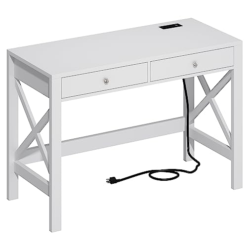 ChooChoo 40 Inches Farmhouse Computer Desk with 2 Drawers & Power Outlets | Wooden Writing Desk, Study Desk for Home Office, Makeup Vanity, White - color: White, size: 40inch with Power Outlet