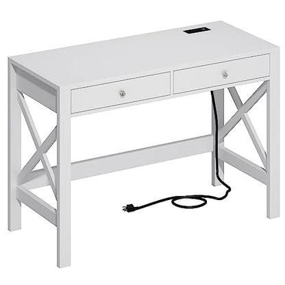 ChooChoo 40 Inches Farmhouse Computer Desk with 2 Drawers & Power Outlets | Wooden Writing Desk, Study Desk for Home Office, Makeup Vanity, White - color: White, size: 40inch with Power Outlet