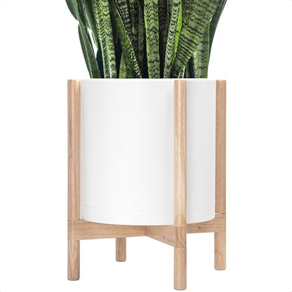 D'vine Dev Plastic Pot with Natural Wood Stand, White, 14 in, 55-C-S-1 | Mid-Century Inspired Design, Elevated Plant Display, Clean Lines, Sturdy Support, Modern Space-Saving Style - color: Matte White Pot + Natural Stand, size: 14 Inch