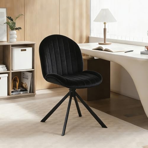 Velvet Swivel Office Chair No Wheels, Small Comfy Mid Century Armless Desk Chair, Cute Swivel Vanity Chair No Wheels for Small Spaces, Bedroom,Living Room,Home Office, Black - color: Black-velvet