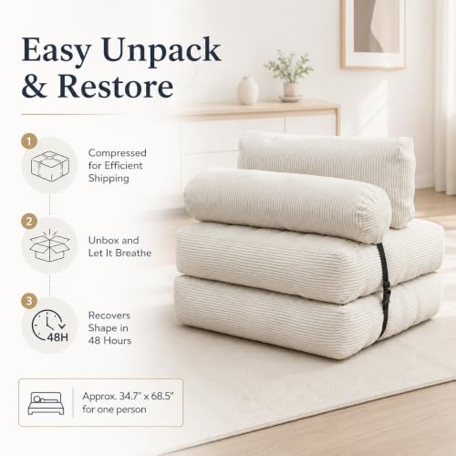 Beige Convertible Sofa Bed Folding Sofa Bed Sleeper Chair Couch Beds, Comfy Floor Beds with Pillow and Back Support, Small Couch for Bedroom, Living Room Bedroom - color: White