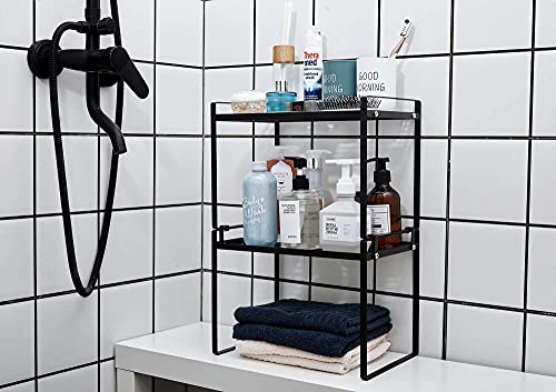 Shantton 2pk Kitchen Cabinet Shelf Counter Organizer Rack Pantry Storage Bathroom Bedroom Office Table Desk Space Saving Steel Frame Stackable Rust Resistant Non Slip Black-Tall-L13in W8.3in H9.5in | 2-Pack Stackable Metal Riser Holds 40LBS with Non-Slip