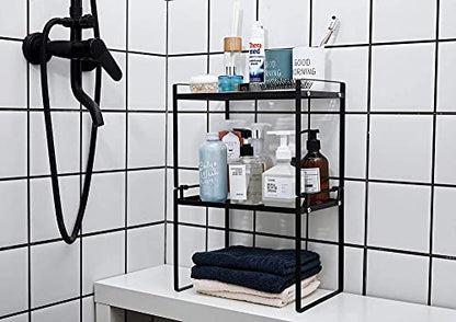 Shantton 2pk Kitchen Cabinet Shelf Counter Organizer Rack Pantry Storage Bathroom Bedroom Office Table Desk Space Saving Steel Frame Stackable Rust Resistant Non Slip Black-Tall-L13in W8.3in H9.5in | 2-Pack Stackable Metal Riser Holds 40LBS with Non-Slip