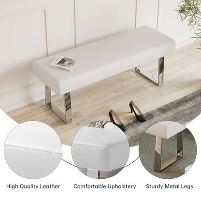 JIEXI 45.3" Upholstered PU Leather Bedroom Bench Footstool with Metal Legs | Sturdy Silver Plated Chrome Legs, Padded Seat, Space Saver, for Bedroom Entryway Living Room Window - color: White, size: 45 IN