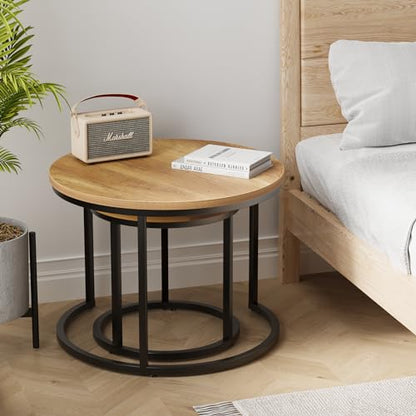 Smuxee Nesting Coffee Table Set of 2, 23.6" Round Coffee Table Brown Wood with Adjustable Non-Slip Feet, Industrial End Table Side Tables for Living Room Bedroom Balcony Yard - color: Brown, size: 23.6"W
