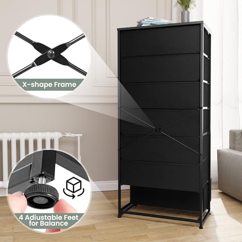 Fabric Dresser for Bedroom, Wide 7-Drawer Tall Vertical Tower (Black) | Wooden Top, Steel Frame, Easy Pull Bin,Organizer Unit for Living Room, Hallway, Entryway, Nursery, Closets - color: Black, style: Wide-7 Drawers