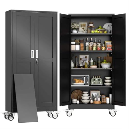 71" H Metal Pantry Storage Locker Cabinet with Wheels,Rolling Kitchen Pantry Cabinet with 2 Doors and 4 Adjustable Shelves, Lockable Steel Garage Tool Cabinet Organization for Home,Gym,School,Black - color: 4black, size: 15"D x 29.9"W x 71"H