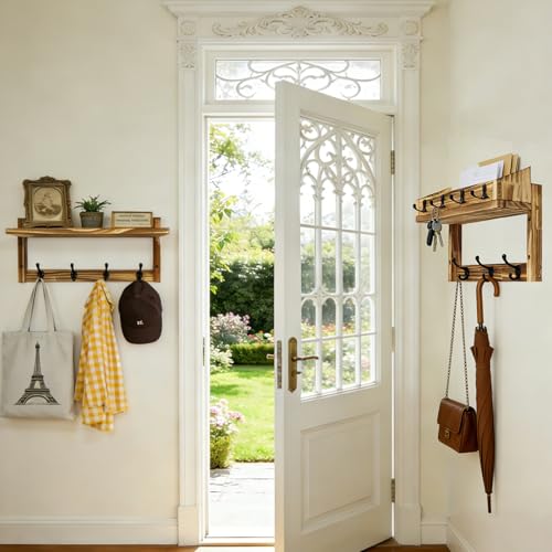 29" Coat Rack Wall Mount with Shelf, 4 in 1 Wall Mounted Coat and Key Hanger with 11 Hooks, Entryway Key Holder with Mail Holder for Living Room, Bedroom - size: 7 Hooks with shelf
