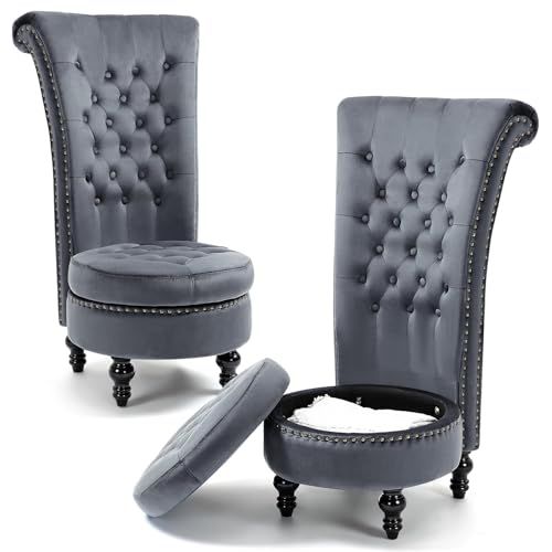 AVAWING High Back Velvet Tufted Throne Chairs with Storage Set of 2, Grey | Tufted Nailhead Design; Hidden Storage; Soft Velvet; Sturdy Wood Legs 330Lbs; High Density Foam; Ergonomic Back - color: Grey
